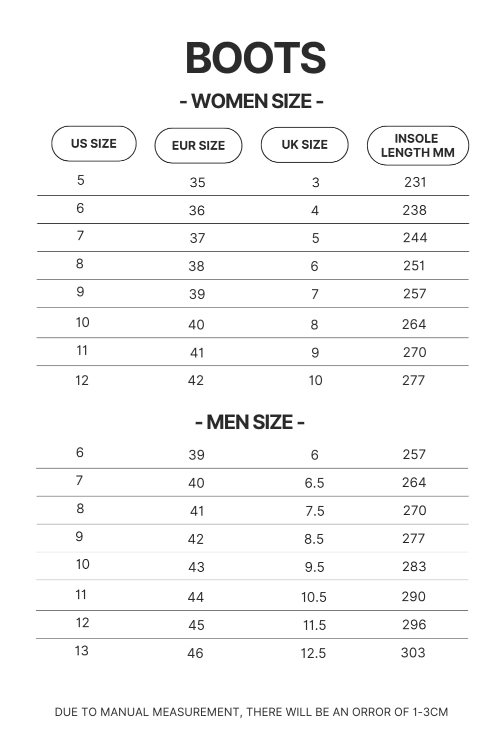Boots Size Chart - Haikyuu Stuff